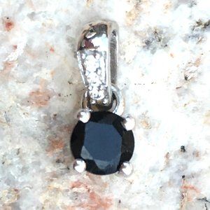 Natural Black Spinel & White Zircon Pendant Round .925 Sterling Silver